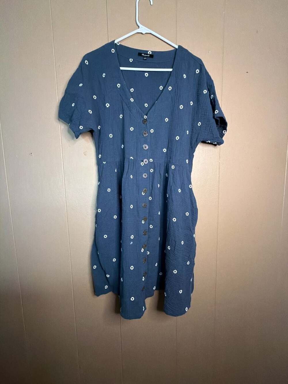 Madewell Blue Embroidered V-Neck Button-Front Mini Dress with Pockets Size S